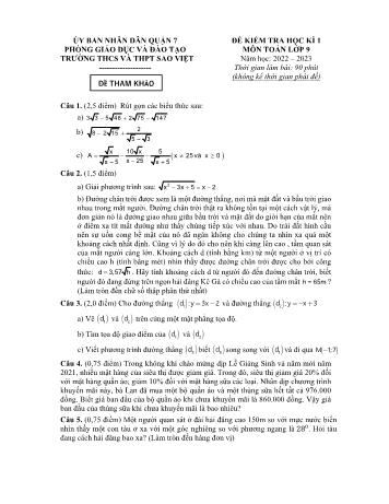 Đề kiểm tra học kì 1 môn Toán Lớp 9 - Năm học 2022-2023 - Trường THCS và THPT Sao Việt (Có đáp án)