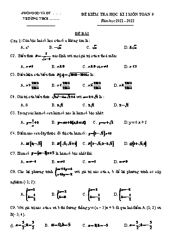 Đề kiểm tra học kì I môn Toán Lớp 9 - Năm học 2021-2022 (Có đáp án)