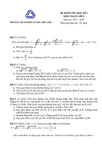Đề kiểm tra học kì I môn Toán Lớp 9 - Năm học 2021-2022 - Trường THCS&THPT Lương Thế Vinh (Có đáp án)