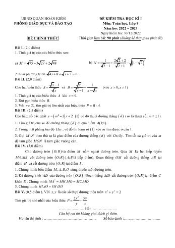 Đề kiểm tra học kì I môn Toán Lớp 9 - Năm học 2022-2023 - Phòng GD&ĐT Quận Hoàn Kiếm (Có đáp án)
