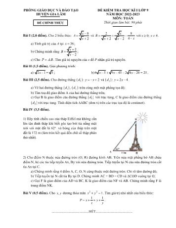 Đề kiểm tra học kì I môn Toán Lớp 9 - Năm học 2022-2023 - Phòng GD&ĐT Gia Lâm