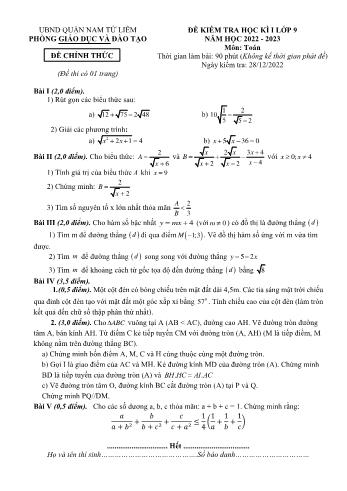 Đề kiểm tra học kì I môn Toán Lớp 9 - Năm học 2022-2023 - Phòng GD&ĐT Nam Từ Liêm (Có đáp án)