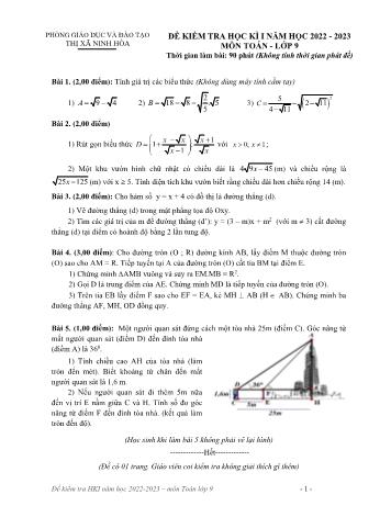Đề kiểm tra học kì I môn Toán Lớp 9 - Năm học 2022-2023 - Phòng GD&ĐT Ninh Hòa (Có đáp án)