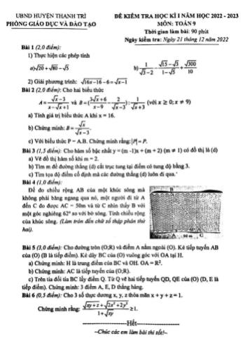 Đề kiểm tra học kì I môn Toán Lớp 9 - Năm học 2022-2023 - Phòng GD&ĐT Thanh Trì (Có đáp án)
