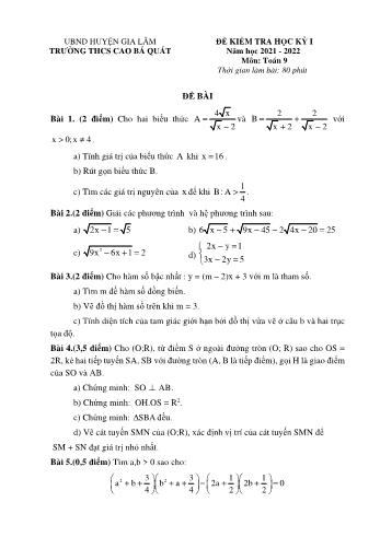Đề kiểm tra học kỳ I môn Toán Lớp 9 - Năm học 2021-2022 - Trường THCS Cao Bá Quát (Có đáp án)