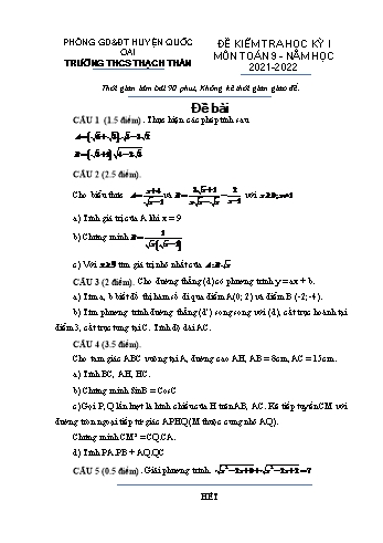 Đề kiểm tra học kỳ I môn Toán Lớp 9 - Năm học 2021-2022 - Trường THCS Thạch Thán (Có đáp án)