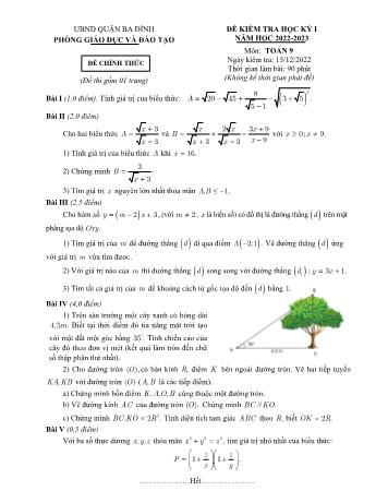 Đề kiểm tra học kỳ I môn Toán Lớp 9 - Năm học 2022-2023 - Phòng GD&ĐT Ba Đình (Có đáp án)