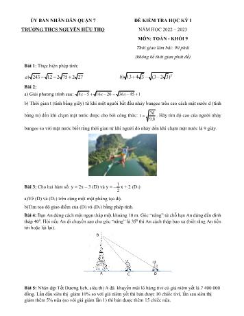 Đề kiểm tra học kỳ I môn Toán Lớp 9 - Năm học 2022-2023 - Trường THCS Nguyễn Hữu Thọ (Có đáp án)