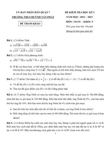 Đề kiểm tra học kỳ I môn Toán Lớp 9 - Năm học 2022-2023 - Trường THCS Huỳnh Tấn Phát (Có đáp án)