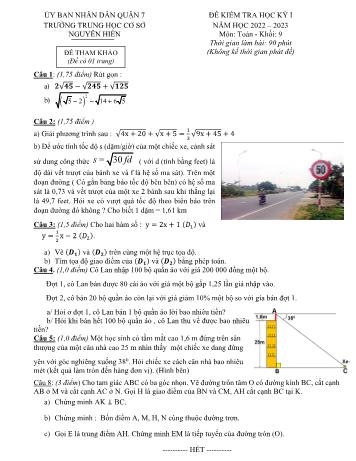 Đề kiểm tra học kỳ I môn Toán Lớp 9 - Năm học 2022-2023 - Trường THCS Nguyễn Hiền (Có đáp án)