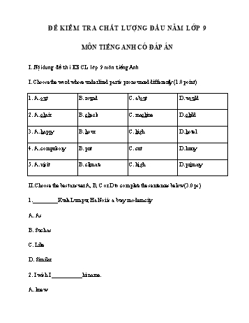 Đề kiểm tra khảo sát chất lượng đầu năm môn Tiếng Anh Lớp 9 - Năm học 2022-2023 (Có đáp án)