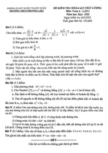 Đề kiểm tra khảo sát chất lượng lần 1 môn Toán Lớp 9 - Năm học 2021-2022 - Trường THCS Phương Liệt