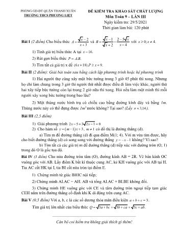 Đề kiểm tra khảo sát chất lượng lần 3 môn Toán Lớp 9 - Năm học 2021-2022 - Trường THCS Phương Liệt (Có đáp án)