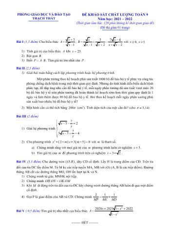 Đề kiểm tra khảo sát chất lượng môn Toán Lớp 9 - Năm học 2021-2022 - Phòng GD&ĐT Thạch Thất (Có đáp án)