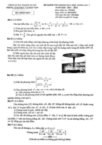 Đề kiểm tra khảo sát chất lượng môn Toán Lớp 9 - Năm học 2021-2022 - Phòng GD&ĐT Quận Thanh Xuân