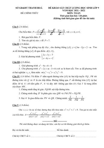 Đề kiểm tra khảo sát chất lượng môn Toán Lớp 9 - Năm học 2021-2022 - Sở GD&ĐT Thanh Hóa (Có đáp án)