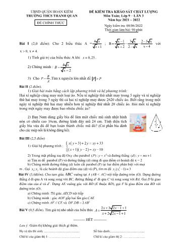 Đề kiểm tra khảo sát chất lượng môn Toán Lớp 9 - Năm học 2021-2022 - Trường THCS Thanh Quan (Có đáp án)