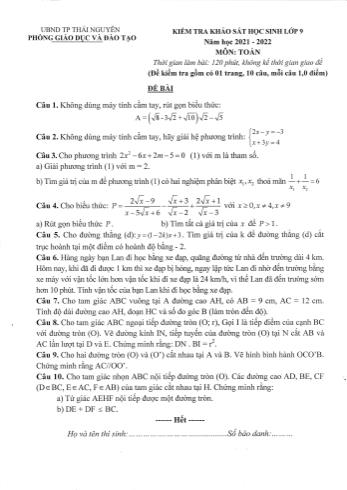 Đề kiểm tra khảo sát chất lượng môn Toán Lớp 9 - Năm học 2021-2022 - Phòng GD&ĐT Thái Nguyên (Có đáp án)