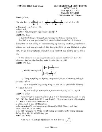 Đề kiểm tra khảo sát chất lượng môn Toán Lớp 9 - Năm học 2021-2022 - Trường THCS Cầu Giấy (Có đáp án)