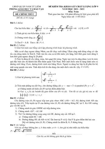 Đề kiểm tra khảo sát chất lượng môn Toán Lớp 9 - Năm học 2021-2022 - Phòng GD&ĐT Nam Từ Liêm (Có đáp án)