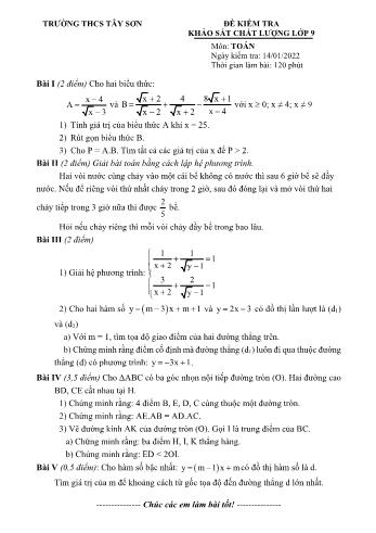 Đề kiểm tra khảo sát chất lượng môn Toán Lớp 9 - Năm học 2021-2022 - Trường THCS Tây Sơn (Có đáp án)