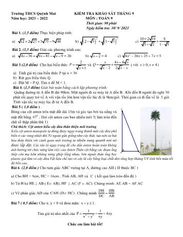 Đề kiểm tra khảo sát chất lượng tháng 9 môn Toán Lớp 9 - Năm học 2021-2022 - Trường THCS Quỳnh Mai (Có đáp án)