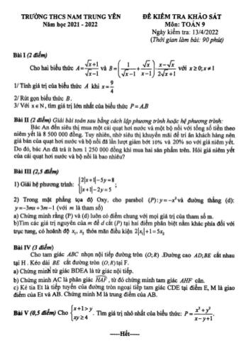 Đề kiểm tra khảo sát môn Toán Lớp 9 - Năm học 2021-2022 - Trường THCS Nam Trung Yên