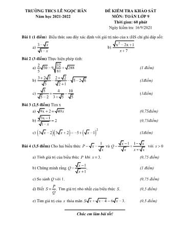 Đề kiểm tra khảo sát môn Toán Lớp 9 - Năm học 2021-2022 - Trường THCS Lê Ngọc Hân (Có đáp án)