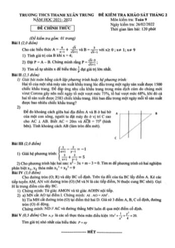 Đề kiểm tra khảo sát tháng 2 môn Toán Lớp 9 - Năm học 2021-2022 - Trường THCS Thanh Xuân Trung