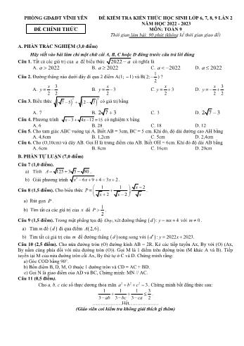 Đề kiểm tra kiến thức học sinh môn Toán Lớp 9 - Năm học 2021-2022 - Phòng GD&ĐT Vĩnh Yên (Có đáp án)