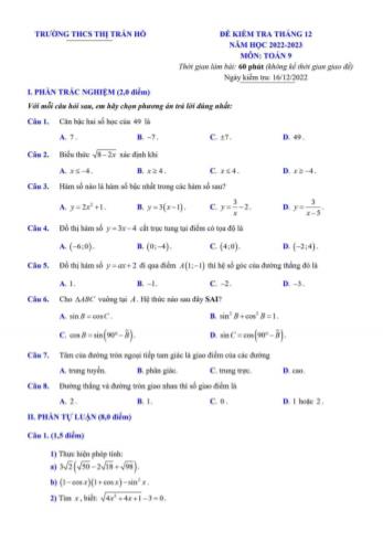 Đề kiểm tra tháng 12 môn Toán Lớp 9 - Năm học 2022-2023 - Trường THCS Thị trấn Hồ