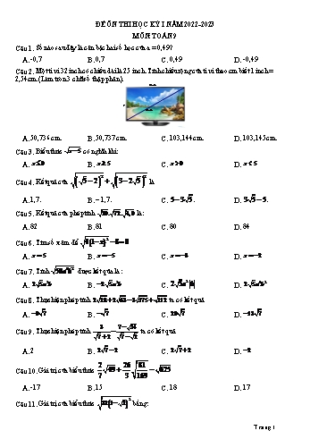 Đề ôn thi học kỳ I môn Toán Lớp 9 - Năm học 2022-2023