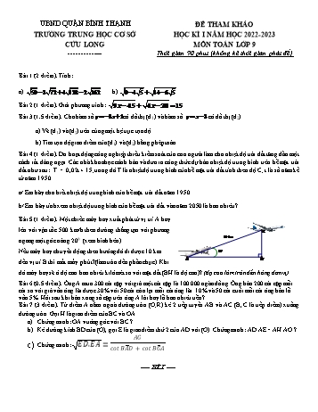 Đề tham khảo học kì I môn Toán Lớp 9 - Năm học 2022-2023 - Trường THCS Cửu Long (Có đáp án)