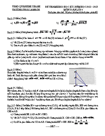 Đề tham khảo học kỳ I môn Toán Lớp 9 - Năm học 2022-2023 - Trường THCS Lam Sơn (Có đáp án)