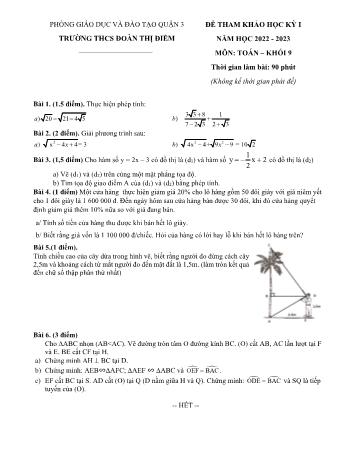 Đề tham khảo học kỳ I môn Toán Lớp 9 - Năm học 2022-2023 - Trường THCS Đoàn Thị Điểm (Có đáp án)