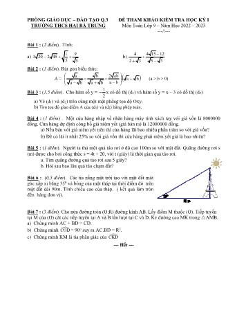Đề tham khảo kiểm tra học kỳ I môn Toán Lớp 9 - Năm học 2022-2023 - Trường THCS Hai Bà Trưng (Có đáp án)
