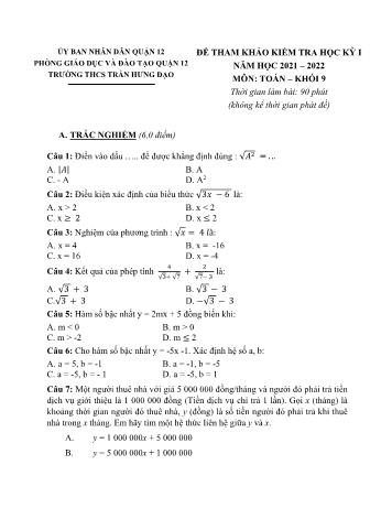 Đề tham khảo kiểm tra học kỳ I môn Toán Lớp 9 - Năm học 2022-2023 - Trường THCS Trần Hưng Đạo (Có đáp án)
