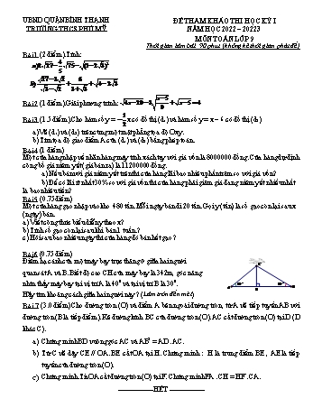 Đề tham khảo thi học kỳ I môn Toán Lớp 9 - Năm học 2022-2023 - Trường THCS Phú Mỹ (Có đáp án)