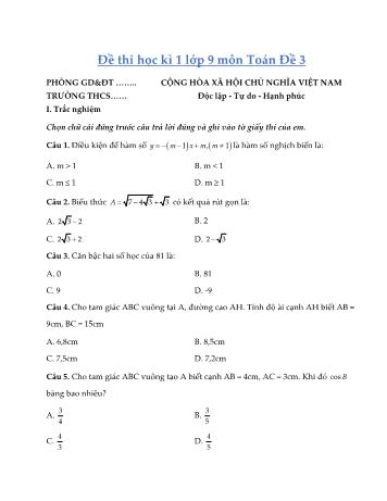 Đề thi học kì 1 môn Toán Lớp 9 - Đề 3 (Có đáp án)