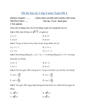 Đề thi học kì 1 môn Toán Lớp 9 - Đề 4 (Có đáp án)