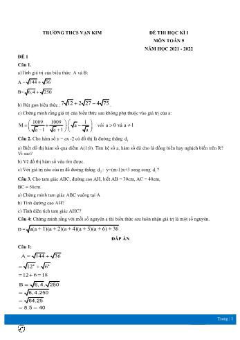 Đề thi học kì 1 môn Toán Lớp 9 - Năm học 2021-2022 - Trường THCS Vạn Kim (Có đáp án)