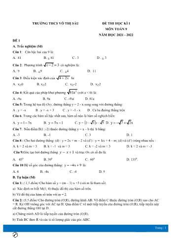 Đề thi học kì 1 môn Toán Lớp 9 - Năm học 2021-2022 - Trường THCS Võ Thị Sáu (Có đáp án)