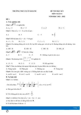Đề thi học kì 1 môn Toán Lớp 9 - Năm học 2021-2022 - Trường THCS Xuân Khanh (Có đáp án)