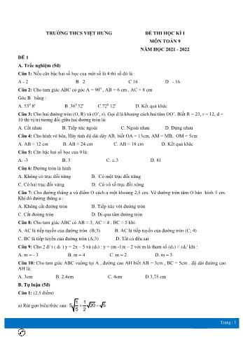 Đề thi học kì 1 môn Toán Lớp 9 - Năm học 2021-2022 - Trường THCS Việt Hưng (Có đáp án)
