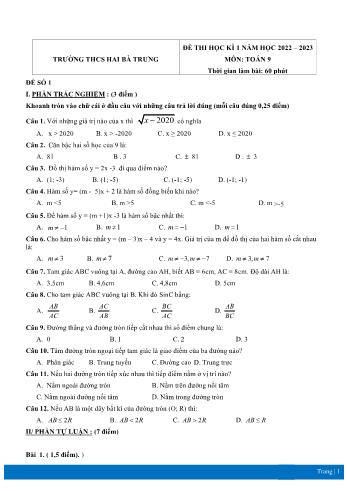 Đề thi học kì 1 môn Toán Lớp 9 - Năm học 2022-2023 - Trường THCS Hai Bà Trưng (Có đáp án)