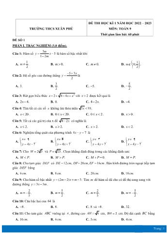 Đề thi học kì 1 môn Toán Lớp 9 - Năm học 2022-2023 - Trường THCS Xuân Phú (Có đáp án)