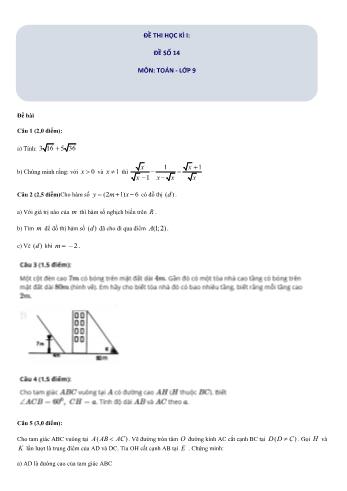 Đề thi học kì I môn Toán Lớp 9 - Đề số 14 (Có đáp án)
