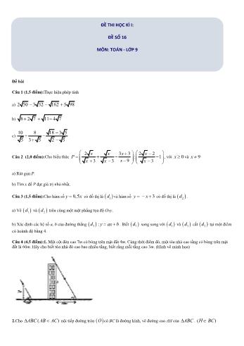 Đề thi học kì I môn Toán Lớp 9 - Đề số 16 (Có đáp án)
