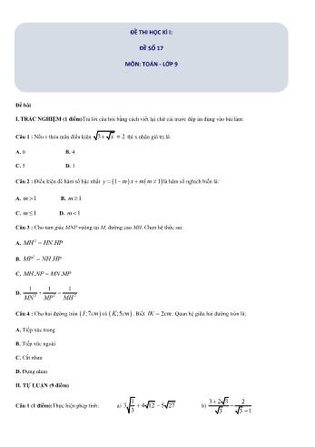 Đề thi học kì I môn Toán Lớp 9 - Đề số 17 (Có đáp án)