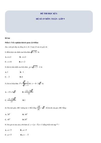 Đề thi học kì I môn Toán Lớp 9 - Đề số 19 (Có đáp án)